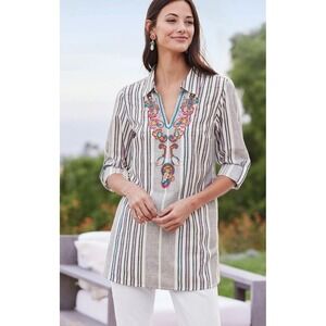 Soft Surroundings Brookhaven Aruba Floral‎ Embroidered Longline Cotton Tunic SM